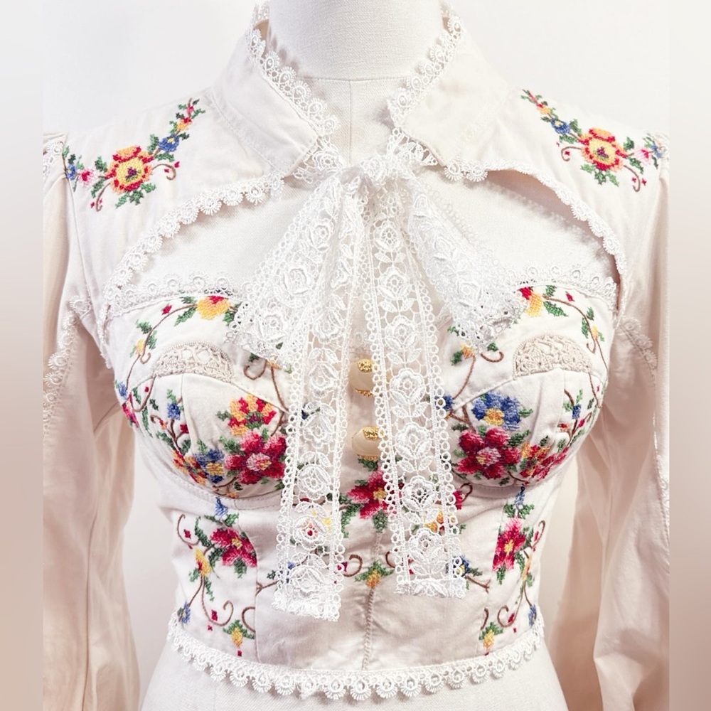 Embroidered Ivory Lace Tie-Neck Blouse - Picture 2 of 10